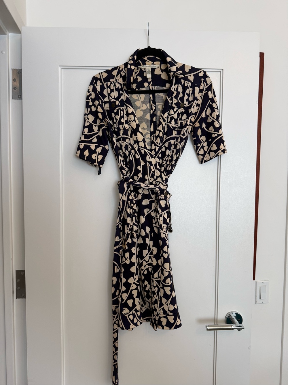 Diane Von Furstenberg Navy Blue and Beige Floral Wrap Dress